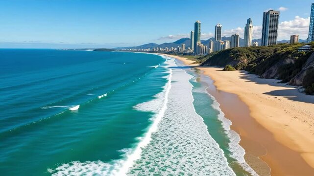 Discover the stunning aerial view of Burleigh Heads Beach with the captivating cityscape and rolling ocean waves of the Gold Coast in Australia.