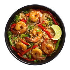 Shrimp noodle stir fry in a black bowl features vibrant vegetables, noodles and tasty asian food with lime, transparent background