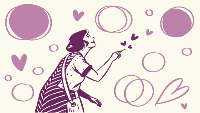 Naklejki Woman blowing kisses with hearts and bubbles vector illustration drawing design art graphic love romance affection 1920s