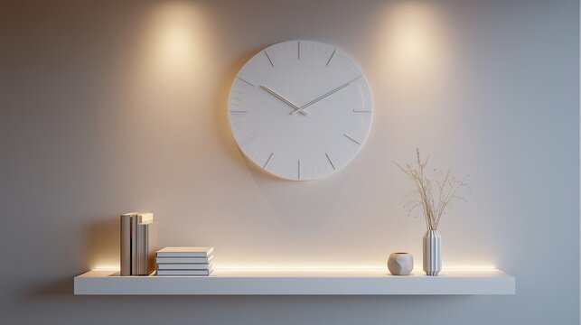 **A minimal dining room wall with a white wall clock placed precisely above a sleek floating shelf and ambient lighting - Powered by Adobe
