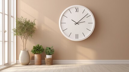 **A Scandinavian-style room interior with a giant white wall clock on a muted pastel wall, small green potted plants neatly placed below