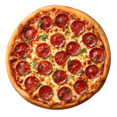 A delicious pepperoni pizza is freshly baked, showcasing melted cheese, spicy meat, and a golden crust isolated on black, transparent background