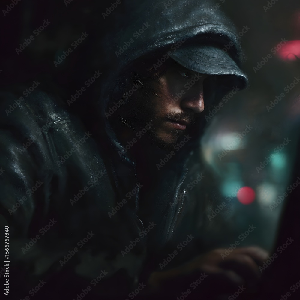 Poster a hacker using a portable device to infiltrate a nearby network long title a hooded figure using a h