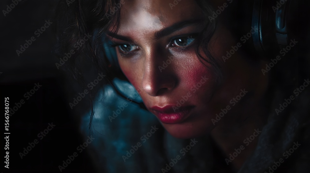 Poster a person focused on coding with a serious expression on their face