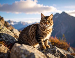 Calico cat wearing sunglasses and hat on rocky trail enjoying nature. Cool feline in outdoor gear on stone path happy pet explore wild.