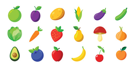 Set of colorful berries and fruits, vegetables. Different vector fruits and vegetables icon set 1