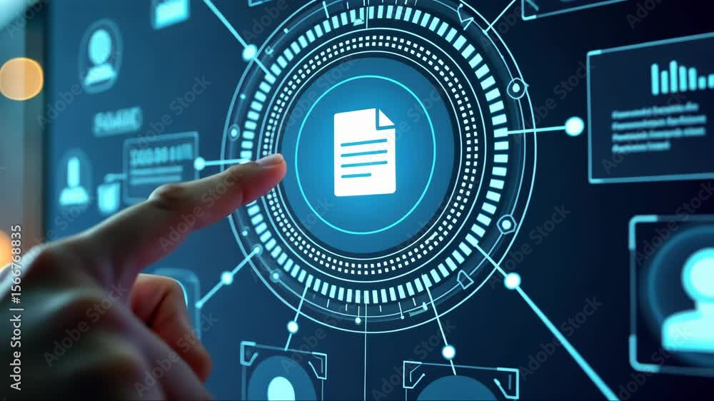 Poster hand pointing at a document icon on a digital interface with blue and white elements, surrounded mod
