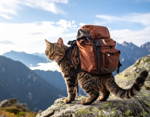 Calico cat wearing sunglasses and hat on rocky trail enjoying nature. Cute kitten in sun protection gear at outdoor park happy pet take a walk.