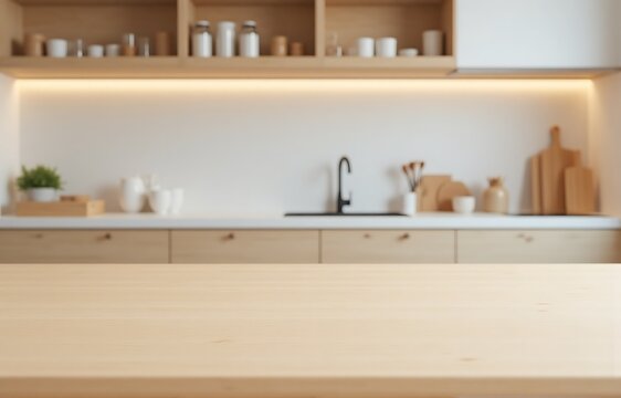 Soft matte wooden table with grain texture, white oak modern kitchen blur, surface detail photography for interior and tabletop mockup