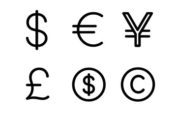 currency icons in black and white. Clean vector for finance apps.