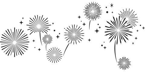 Fireworks Display Silhouette, A stunning monochromatic display of fireworks bursts across the night sky, with a dynamic arrangement of bursts, stars, and streaks, evokes a sense of celebration.
