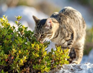 Cat enjoying the breathtaking snow covered mountains in the Dolomites on a sunny winter day. Adorable feline basks amid majestic white peaks a bright cold season scene in italian alps