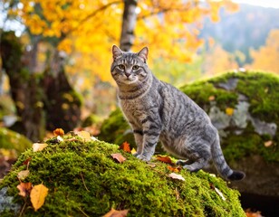 Cat enjoying the breathtaking snow covered mountains in the Dolomites on a sunny winter day. Picturesque alpine scenery a feline friend basks in winter sunlight amid dolomite peak.