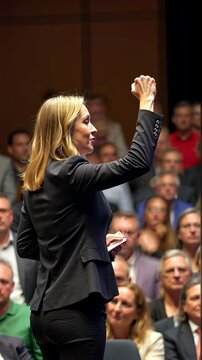 A woman stands on stage at a conference, her right arm is raised in a fist pump as she delivers an inspiring speech.