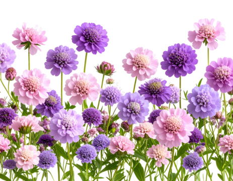 Seamless Border of Scabiosa Blooms, isolated on a transparent background.