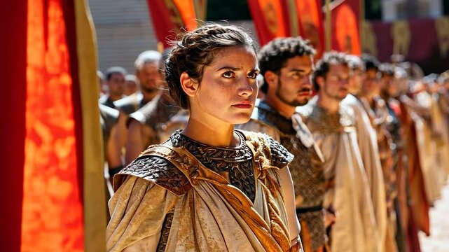 Woman in Ancient Attire Amongst Crowd In Sunlit Outdoor Setting With Red Banners And Historical Architecture