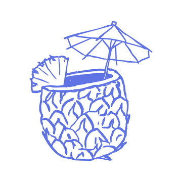 Pineapple drink sketch with umbrella and slice. Chalk or charcoal line style. Cocktail rough scribble element. Hand drawn vector illustration for Hawaii party print, beach poster, tropical bar menu. 