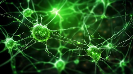 Abstract lime green neural web spreading in all directions, with light particles flickering along the synapses.