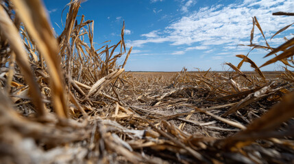 Fototapeta premium Dried crops in field show harsh effects of heatwave on agriculture under bright blue sky
