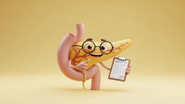 3D cartoon pancreas character with glasses holding a clipboard on a yellow background