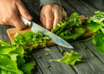 A person is skillfully cutting fresh green lettuce on a chopping board. Bright, crisp leaves are...