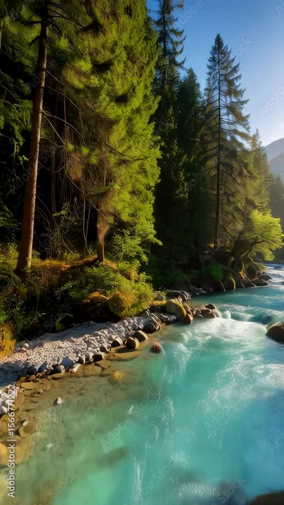 Poster lush forest scene featuring a clear river cascading over rocks with sunlight filtering through the t