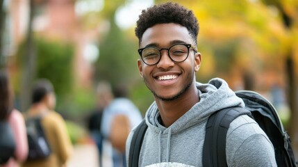 A young man with glasses and a backpack standing on a college campus, smiling and looking at the camera.