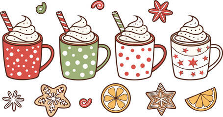 Christmas hot chocolate, cocoa mug, coffee cup, coffee, latte and tea. Beverage cozy set isolated on white background. New Year drink, winter dessert, holiday sweet menu. Cartoon festive vector File.