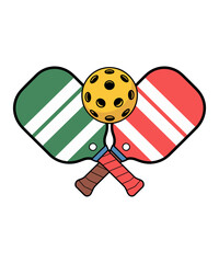 Fototapeta premium pickleball racquet sport two crossed paddles, one green and one red, each with three white diagonal stripes, surmounted by a yellow, dimpled ball at their intersection