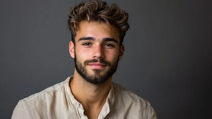 A young man with curly hair and a beard, wearing a light-colored shirt, standing against a gray background.