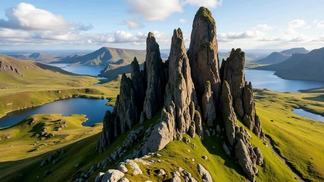Experience the breathtaking aerial scenery of the Old Man of Storr on the Isle of Skye, showcasing the stunning landscape of the United Kingdom.