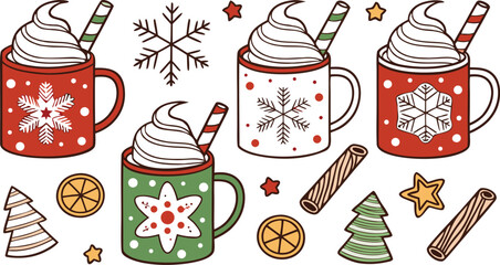 Christmas hot chocolate, cocoa mug, coffee cup, coffee, latte and tea. Beverage cozy set isolated on white background. New Year drink, winter dessert, holiday sweet menu. Cartoon festive vector File.