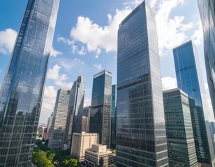 Obraz premium Modern skyscrapers towering under a bright blue sky with scattered clouds in an urban landscape.