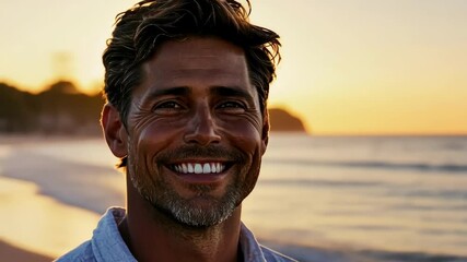 Smiling man at golden sunset near the beach shoreline