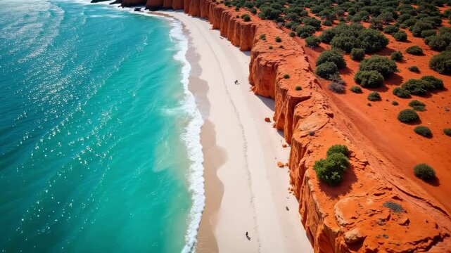 4K Aerial View of Pristine Beach with Turquoise Water and Red Earth &ndash; Bottle Bay, Francois Peron National Park, Australia
