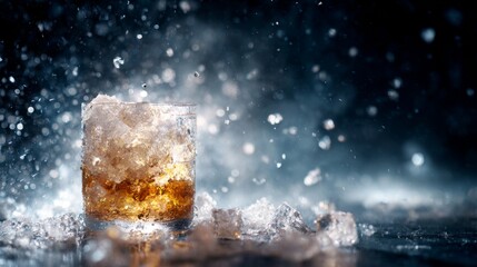 A dramatic shot of a beer glass filled with ice, set against a dark background with lighting effects