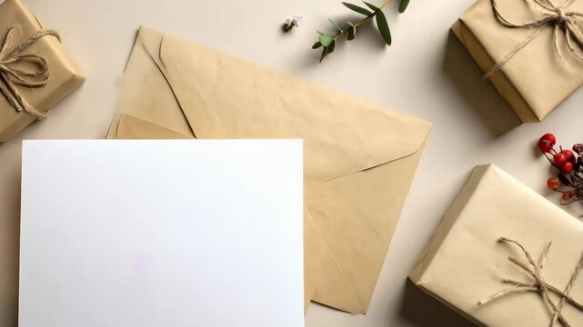 Elegant composition featuring a blank white card resting on a brown envelope surrounded by wrapped gifts and natural foliage accents.