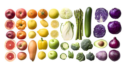 Abundant arrangement displays vibrant fruits and fresh vegetables against a dark backdrop, promoting healthy eating and nutrition, transparent background