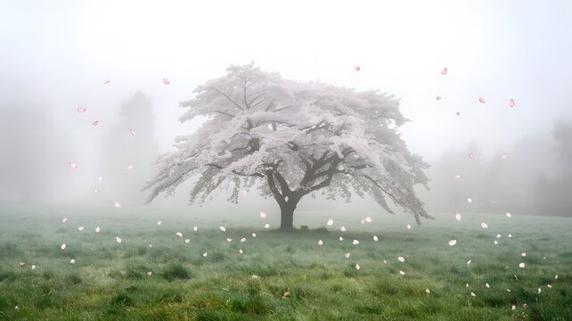 A minimalist watercolor painting of a lone cherry blossom tree standing in the middle of a foggy mea