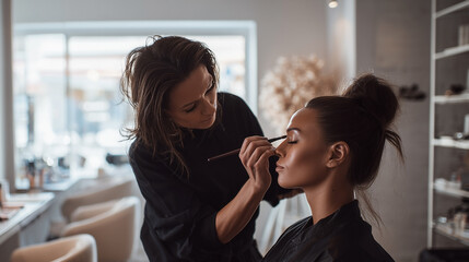 A woman is getting her makeup done by another woman