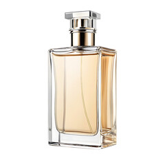 Rectangular glass perfume bottle with golden liquid and silver cap isolated on a transparent background