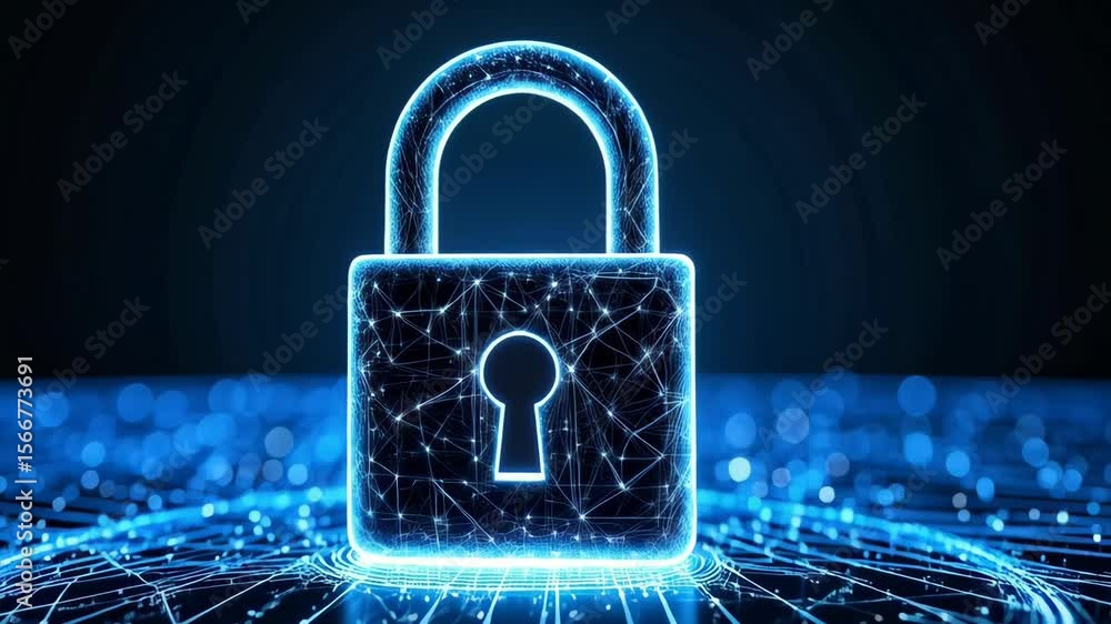 Poster glowing digital padlock with circuits and network connections, abstract cybersecurity concept for da