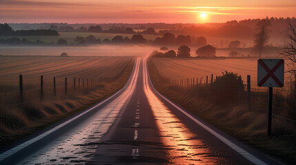 Fototapeta premium Einsame Straße bei Sonnenaufgang – Melancholischer Moment in weiter Natur