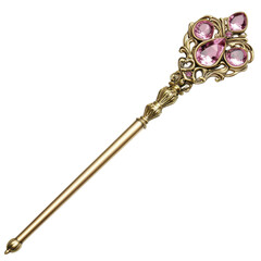Ornate golden scepter with pink gemstones isolated on a transparent background wand