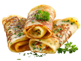Appetizing crepes filled with cheese and herbs are neatly stacked on a transparent background, perfect for culinary projects.
