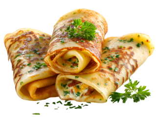 Appetizing crepes filled with cheese and herbs are neatly stacked on a transparent background, perfect for culinary projects.