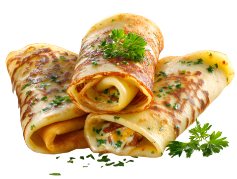 Appetizing crepes filled with cheese and herbs are neatly stacked on a transparent background, perfect for culinary projects.
