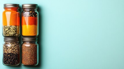 Fototapeta premium colorful spice collection in glass jars on bright mint background for culinary cooking seasoning and gourmet food photography