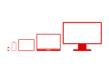 Device icons set. Symbols of smart watches, smart phones, tablets, laptops and desktop computers. Collection of digital devices. Vector illustration on transparent background