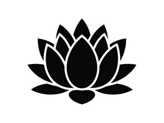 A minimalist black and white illustration of a lotus flower in a symmetrical design